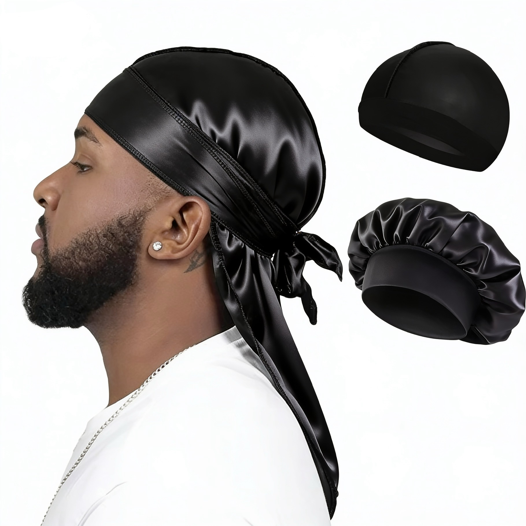 Black 3PCS Silky Durag With Dome Wave Cap And Bonnet - Anglo Cosmetics
