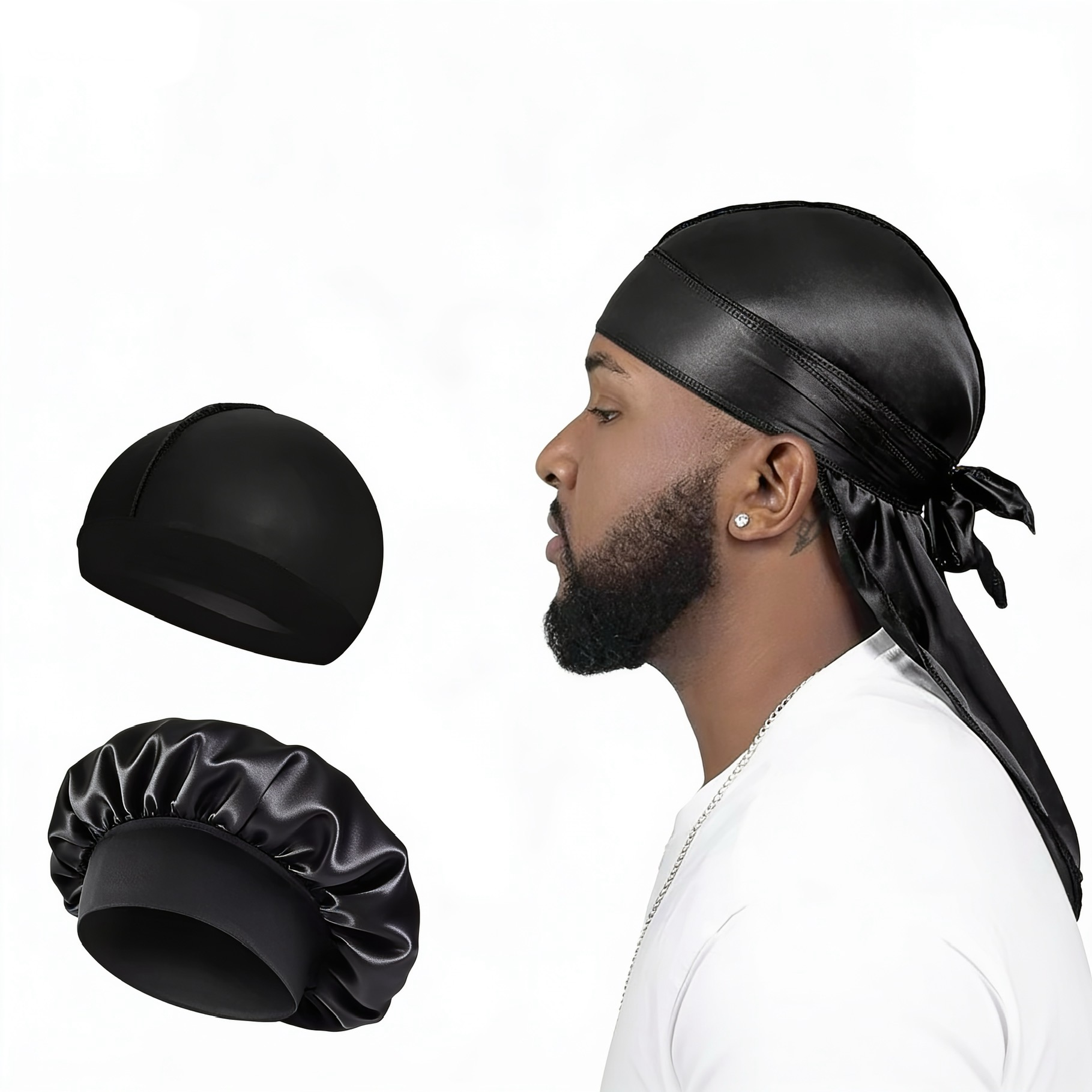 Black 3PCS Silky Durag With Dome Wave Cap And Bonnet - Anglo Cosmetics