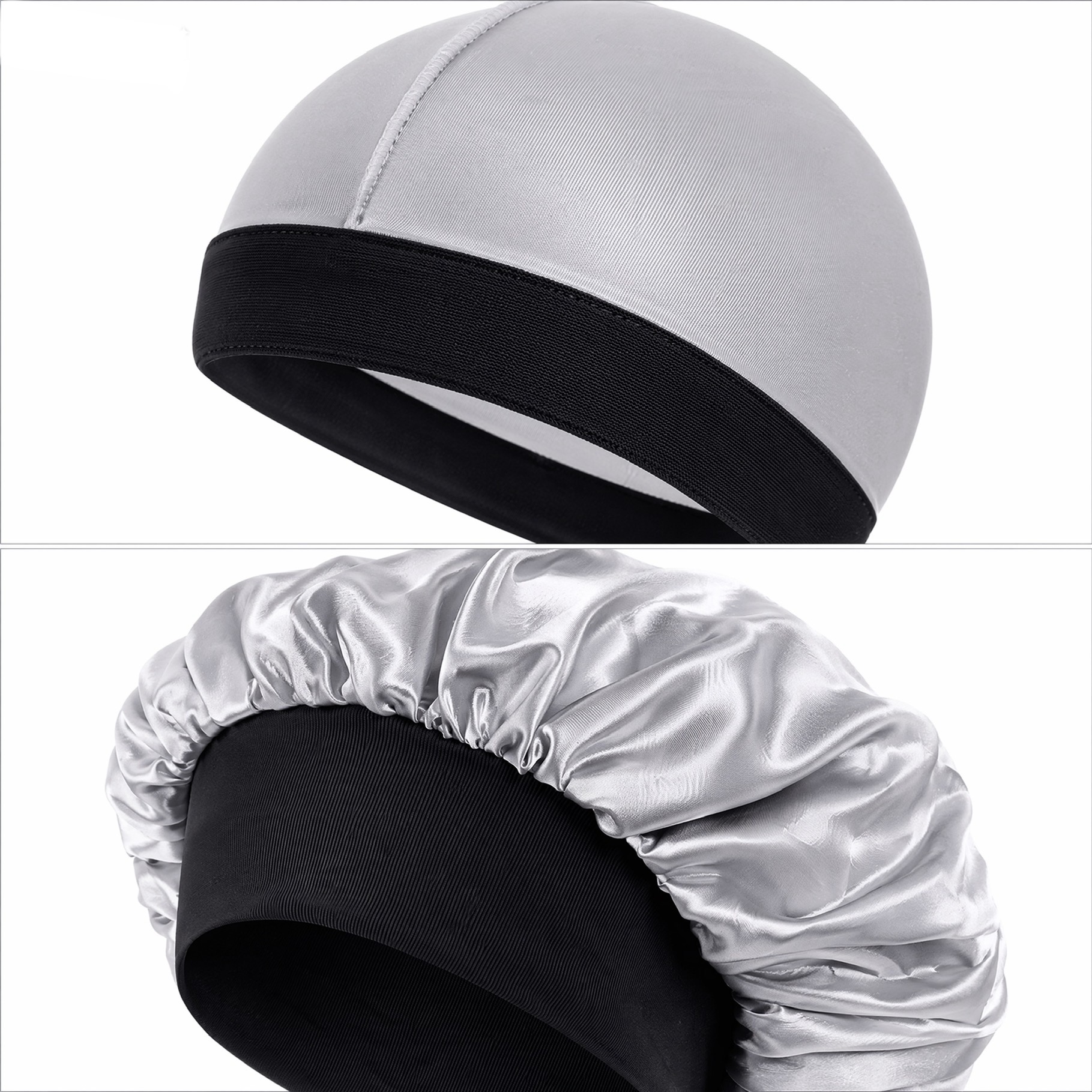 Silver 3PCS Silky Durag With Dome Wave Cap And Bonnet - Anglo Cosmetics